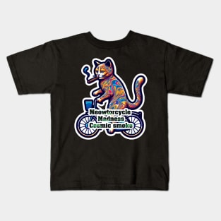 Psychedelic Cat on a Bike Smoking a Cigarette - Meowtorcycle madness Kids T-Shirt